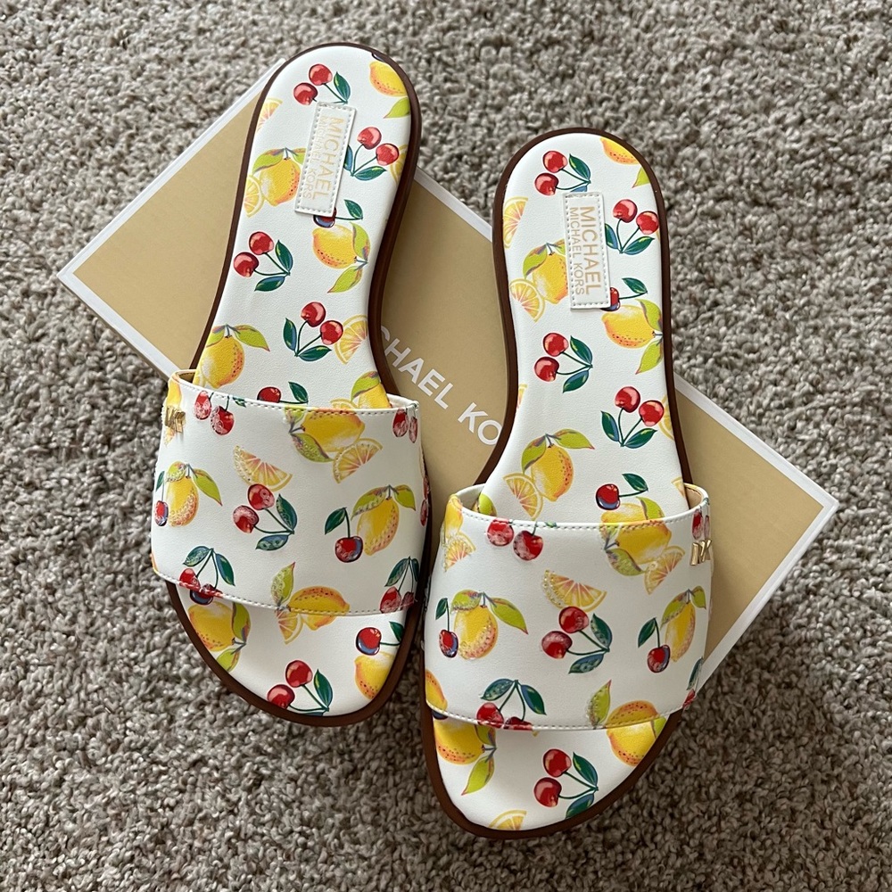 Michael Kors Optic White Multicolored Fruit Paint Print Sequined Slide Sandals